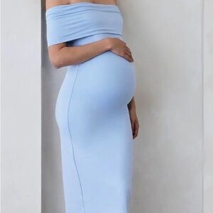 Off-Shoulder Maternity Maxi Dress in Light Blue- Bianca Bumpsuit Dress